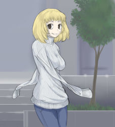 Rule 34 | 1girl, 3-angled-blue, :d, amputee, blonde hair, breasts, denim, jeans, looking at viewer, open mouth, original, pants, ribbed sweater, short hair, smile, solo, sweater, tree, turtleneck