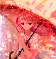 Rule 34 | 1girl, cherry blossom cookie, cherry blossoms, cookie run, highres, long hair, parasol, pink hair, pink theme, pink umbrella, red eyes, sy031219, twitter username, umbrella, upper body