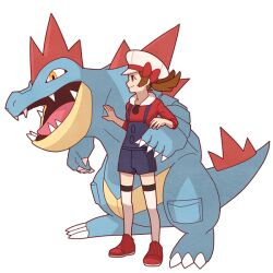 Rule 34 | 1girl, blue overalls, bow, brown eyes, brown hair, cabbie hat, closed mouth, creatures (company), feraligatr, from side, game freak, gen 2 pokemon, hat, hat bow, jaho, long hair, lyra (pokemon), nintendo, overalls, pokemon, pokemon (creature), pokemon hgss, red bow, red footwear, red shirt, shirt, shoes, smile, standing, thighhighs, twintails, white headwear, white thighhighs