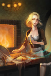 Rule 34 | 1girl, apron, artist request, blonde hair, female focus, furnace, gingerbread man, looking to the side, magic, maid, maid apron, mamara, original, parted lips, running, solo