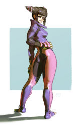 Rule 34 | 1girl, absurdres, aqua background, artmigu, ass, bodysuit, breasts, drill hair, eyepatch, from behind, full body, han juri, highres, medium breasts, nail polish, parted lips, purple bodysuit, shadow, simple background, skin tight, smile, solo, standing, street fighter, street fighter v, toenail polish, toenails, twin drills