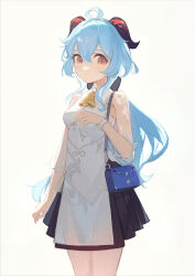 Rule 34 | 1girl, ahoge, bag, bell, black skirt, blue bag, blue hair, china dress, chinese clothes, closed mouth, commentary request, cowboy shot, dress, ganyu (genshin impact), ganyu (heytea) (genshin impact), genshin impact, hair between eyes, handbag, horns, long hair, looking at viewer, neck bell, official alternate costume, pen liangshui po ya po, pleated skirt, see-through, see-through sleeves, simple background, skirt, solo, watch, white background, white dress, wristwatch, yellow eyes