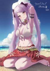 Rule 34 | 1girl, absurdres, alternate breast size, alternate hairstyle, amane sora, arm behind head, arm up, armpits, bare legs, bare shoulders, barefoot, beach, bikini, bow, breasts, cleavage, closed mouth, collar, commission, day, front-tie bikini top, front-tie top, hair bow, head tilt, highleg, highleg bikini, highres, large breasts, long hair, looking at viewer, navel, outdoors, overlord (maruyama), red eyes, sarong, second-party source, shalltear bloodfallen, sitting, skeb commission, smile, solo, stomach, string bikini, swimsuit, twintails, very long hair, white bikini, white hair, yokozuwari
