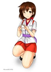 Rule 34 | 1girl, brown eyes, brown hair, choker, commentary request, employee uniform, flight attendant, hiryuu (kancolle), kantai collection, kudou (ooabareteng), looking at viewer, official alternate costume, one-hour drawing challenge, one eye closed, peach (airline), red neckwear, red skirt, short hair, simple background, skirt, solo, squatting, travel attendant, uniform, white background