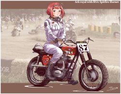 Rule 34 | 1girl, absurdres, alternate costume, ark royal (kancolle), biker clothes, bikesuit, blue eyes, blunt bangs, bob cut, bodysuit, brown gloves, bsa spitfire hornet, commentary request, fingerless gloves, full body, gloves, goggles, goggles around neck, hairband, highres, jumpsuit, kantai collection, motor vehicle, motorcycle, on motorcycle, red hair, riding, short hair, sitting, solo, thrux, tiara, white jumpsuit