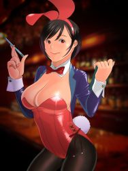 Rule 34 | 1girl, animal ears, bar (place), black hair, black pantyhose, blazer, blue jacket, blurry, bow, bowtie, breasts, clipboard, commentary request, cowboy shot, depth of field, detached collar, fake animal ears, highres, indoors, jacket, large breasts, leotard, looking at viewer, nokaze koyama, original, pantyhose, pen, playboy bunny, rabbit ears, rabbit tail, red bow, red bowtie, red eyes, red leotard, short ponytail, solo, strapless, strapless leotard, tail, wrist cuffs