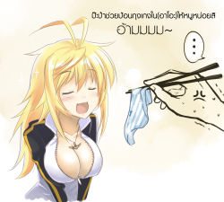 Rule 34 | 10s, 1girl, antenna hair, blonde hair, breasts, charlotte dunois, chopsticks, cleavage, closed eyes, fang, feeding, infinite stratos, jacket, jewelry, large breasts, long hair, necklace, no bra, okitakung, open mouth, original, panties, solo focus, striped clothes, striped panties, thai text, track jacket, underwear, unzipped, zipper
