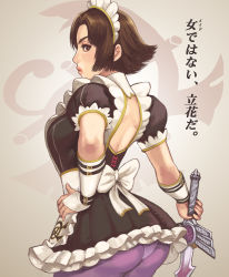 Rule 34 | 1girl, alternate costume, apron, ass, back, back cutout, bad id, bad pixiv id, blush, breasts, bridal gauntlets, brown eyes, brown hair, clothing cutout, corset, dress, enmaided, eyeliner, female focus, from behind, gloves, hand on own hip, large breasts, lipstick, maid, maid apron, maid headdress, makeup, maou alba, panties, panties under pantyhose, pantyhose, puffy short sleeves, puffy sleeves, purple pantyhose, sengoku musou, sengoku musou 2, short dress, short hair, short sleeves, solo, sword, tachibana ginchiyo, translation request, underwear, weapon, white gloves