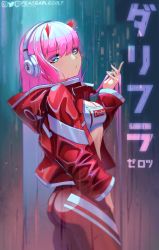 Rule 34 | ass, blue eyes, darling in the franxx, eyes visible through hair, headphones, highres, horns, jacket, looking at viewer, open clothes, open jacket, peaceablecolt, pink hair, rain, solo, sports bra, zero two (darling in the franxx)