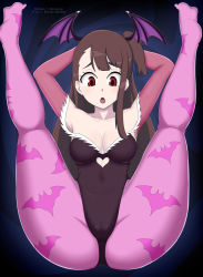Rule 34 | 1girl, breasts, brown hair, cleavage, cosplay, feet, highres, kagari atsuko, little witch academia, long hair, morrigan aensland, morrigan aensland (cosplay), open mouth, pantyhose, print pantyhose, red eyes, setrakian draws, soles, solo
