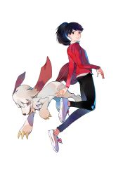 Rule 34 | 1girl, absurdres, airborne, ass, black hair, black pants, blue eyes, blush, breasts, claws, collared shirt, creature, digimon, digimon (creature), digimon survive, dog, facial mark, flat ass, full body, fur, highres, labramon, leg up, looking at viewer, looking back, medium breasts, medium hair, multicolored footwear, official art, open hands, open mouth, pants, pink footwear, pink legwear, pink lips, ponytail, purple footwear, red eyes, red vest, shibuya aoi, shirt, shoes, short socks, smile, sneakers, sweater vest, tail, teeth, tongue, transparent background, ukumo uichi, vest, white background, white footwear, white shirt