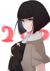 Rule 34 | 1girl, arril100, black hair, blunt bangs, bob cut, breasts, brown eyes, brown jacket, closed mouth, collared shirt, commentary request, eyelashes, highres, jacket, kagenui yozuru, looking at viewer, medium breasts, monogatari (series), multicolored hair, red hair, shadow, shirt, short hair, short sleeves, smile, solo, streaked hair, upper body, white background, white shirt