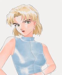 Rule 34 | 1990s (style), 1girl, akagi ritsuko, blonde hair, breasts, commentary, crop top, earrings, english commentary, green eyes, head tilt, jewelry, lipstick, makeup, medium breasts, mole, mole under eye, neon genesis evangelion, parted bangs, portrait, red lips, retro artstyle, short hair, solo, yue (yung n dum )