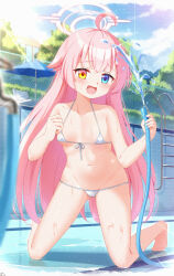 Rule 34 | 1girl, ahoge, bare arms, bare legs, bare shoulders, barefoot, bikini, blue archive, blue eyes, blush, breasts, chinese commentary, collarbone, commentary request, day, empty pool, fang, hair between eyes, halo, heterochromia, highres, holding, holding hose, hose, hoshino (blue archive), kneeling, long hair, micro bikini, mixed-language commentary, open mouth, outdoors, paid reward available, painter-lhb, pink hair, pink halo, pool, pool ladder, small breasts, solo, swimsuit, water, white bikini, yellow eyes