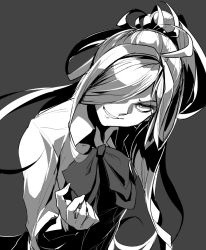 Rule 34 | 10s, 1girl, ahoge, asashimo (kancolle), ebiblue, gesugao, grey background, greyscale, grin, hair over one eye, kantai collection, looking at viewer, monochrome, ribbon, simple background, smile, solo