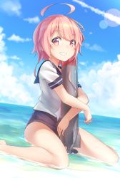 Rule 34 | 10s, 1girl, ahoge, bare legs, barefoot, blue sky, cloud, day, grin, hair ornament, highres, i-58 (kancolle), kantai collection, ninnzinn, partially submerged, pink eyes, pink hair, sailor collar, school swimsuit, short hair, sitting, sky, smile, solo, swimsuit, torpedo, type 95 torpedo, wariza