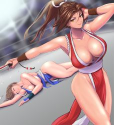 Rule 34 | areola slip, breasts, brown hair, commission, fatal fury, highres, large breasts, pelvic curtain, pixiv commission, ponytail, shiranui mai, simple background, smile, thighs, torn clothes
