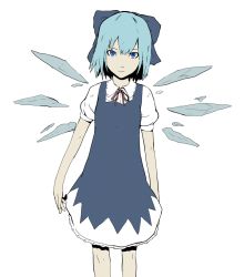 Rule 34 | 1girl, blouse, blue eyes, blue hair, bow, cirno, collared shirt, dress, embodiment of scarlet devil, eyebrows hidden by hair, flat color, hair bow, luv, matching hair/eyes, pinafore dress, shirt, simple background, sleeveless, sleeveless dress, solo, touhou, white background, white shirt, wings