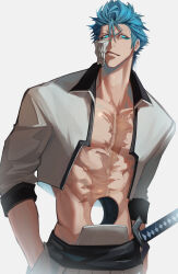 Rule 34 | 1boy, absurdres, bare pectorals, bleach, blue eyes, blue hair, closed mouth, collarbone, grimmjow jaegerjaquez, haruakira, highres, hollow body, looking at viewer, male focus, mask, open clothes, open shirt, pectorals, scar, scar on chest, shirt, short hair, simple background, solo, sword, weapon, white background, white shirt