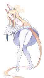 Rule 34 | 1girl, absurdly long hair, absurdres, animal ears, armpit peek, bent over, blonde hair, blue archive, blush, bow, cameltoe, detached sleeves, dress, extra ears, female focus, flower, forehead, fox ears, from behind, full body, gold trim, hair bow, hair flower, hair ornament, halo, high heels, highres, knees together feet apart, leaning forward, legs, long hair, looking at viewer, panapana (pixiv 12562150), panties, pantyhose, pantyshot, parted bangs, parted lips, pink eyes, pleated dress, seia (blue archive), simple background, sleeves past fingers, sleeves past wrists, solo, standing, striped clothes, striped pantyhose, underwear, vertical-striped clothes, vertical-striped pantyhose, very long hair, white background, white dress, white footwear, white pantyhose, wide sleeves