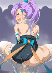 Rule 34 | 1girl, ass, bad id, bad pixiv id, bare shoulders, belt boots, blue eyes, blush, boots, bow, censored, clothing aside, covering privates, covering crotch, female masturbation, from behind, gloves, gradient background, hair bow, hair ornament, hairclip, high heels, kanata (kanata onion), knee boots, light purple hair, long hair, looking at viewer, looking back, magical girl, masturbation, one-piece swimsuit, open mouth, original, pee, peeing, ponytail, pussy, saliva, school swimsuit, solo, spread legs, squatting, swimsuit, swimsuit aside, tears, thighhighs