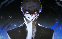 Rule 34 | 1boy, amamiya ren, black jacket, blood, blood on face, blood on hands, btmr game, copyright name, grin, hair between eyes, hand on own face, highres, jacket, male focus, persona, persona 5, persona 5 the royal, signature, simple background, smile, solo, upper body, yellow eyes