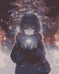 Rule 34 | 1girl, bad id, bad pixiv id, black hair, black jacket, black scarf, blurry, blurry background, christmas, christmas ornaments, christmas tree, depth of field, fringe trim, grey eyes, grey mittens, hair between eyes, hair ornament, hairclip, hands up, highres, jacket, kisei2, long sleeves, looking away, looking down, mittens, night, original, outdoors, parted lips, puffy long sleeves, puffy sleeves, scarf, signature, sleeves past wrists, snow, snowflakes, snowing, solo, standing, striped clothes, striped scarf, vertical-striped clothes, vertical-striped scarf