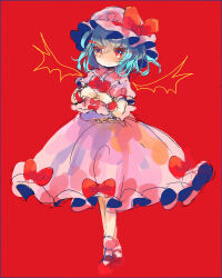 Rule 34 | 1girl, ascot, bat wings, blue hair, dress, full body, hat, hat ribbon, hiyuu (hiyualice), mob cap, own hands together, pink dress, pink hat, red ascot, red background, red eyes, remilia scarlet, ribbon, short hair, solo, teeth, touhou, upper teeth only, white background, wings