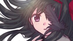 1girl akemi_homura akuma_homura amai_yume black_feathers black_hair feathers floating_hair hair_ribbon highres long_hair mahou_shoujo_madoka_magica mahou_shoujo_madoka_magica:_hangyaku_no_monogatari one_eye_covered parted_lips portrait purple_eyes red_ribbon ribbon solo