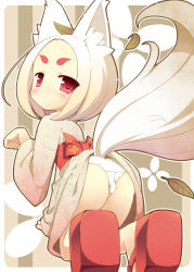 Rule 34 | 1girl, animal ears, blush, fox ears, fox tail, from behind, highres, leaf, leaf on head, looking back, masaki (machisora), object on head, original, outline, panties, paw pose, red eyes, short hair, solo, tail, underwear, white hair, white panties