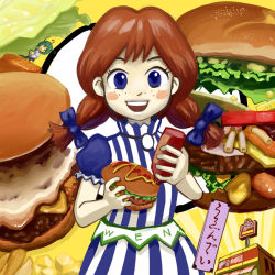 Rule 34 | 1girl, blue eyes, bow, braid, burger, character name, crossover, dress, female focus, food, hair bow, hair ribbon, ketchup, maku (wasabishock), mustard, parody, red hair, ribbon, solo, striped clothes, striped dress, style parody, teeth, touhou, twin braids, twintails, upper teeth only, vertical-striped clothes, vertical-striped dress, wendy&#039;s, wendy (wendy&#039;s), wriggle nightbug, zun (style)