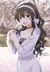 Rule 34 | 1girl, alternate costume, ashigara (kancolle), brown eyes, brown hair, cherry blossoms, choker, commentary request, cowboy shot, dress, fang, flower, hairband, highres, kantai collection, long hair, open mouth, orikoshi shino, smile, solo, tree, wavy hair, white dress, white hairband