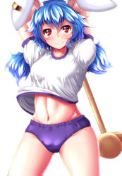 Rule 34 | &gt;:), 1girl, alternate costume, animal ears, arms up, blue hair, blush, breasts, buruma, closed mouth, cowboy shot, earclip, gluteal fold, groin, gym uniform, highres, long hair, looking at viewer, low twintails, mallet, midriff, navel, puffy short sleeves, puffy sleeves, rabbit ears, red eyes, seiran (touhou), short sleeves, simple background, small breasts, solo, stomach, touhou, twintails, v-shaped eyebrows, white background, zan (harukahime)