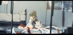 Rule 34 | 1girl, bed, closed mouth, dress, from outside, grey hair, heterochromia, indoors, lansane, letterboxed, original, red eyes, short hair, simple background, sitting, smile, tentacles, tentacled girl (lansane), white dress, wristband, yellow eyes