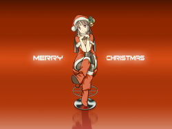 Rule 34 | 1girl, bell, boots, brown hair, chair, christmas, dress, geister, hat, high heels, knee boots, crossed legs, long hair, original, own hands clasped, own hands together, pantyhose, pink eyes, reflection, santa costume, santa hat, scarf, shoes, short dress, sitting, smile, solo, wallpaper