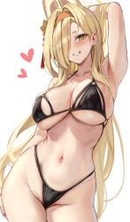Rule 34 | 1girl, animal ears, arm behind head, armpits, bare shoulders, bikini, black bikini, blonde hair, blue archive, blush, breasts, collarbone, commentary, fingernails, hair over one eye, hairband, halo, heart, highleg, highleg bikini, highleg swimsuit, highres, kaho (blue archive), large breasts, long hair, looking at viewer, mole, mole under mouth, navel, orange hairband, red nails, revision, simple background, skindentation, smile, solo, standing, stomach, stone (ksorede), string bikini, swimsuit, thighs, very long hair, white background, yellow eyes, yellow halo