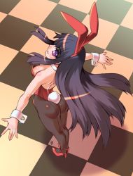 Rule 34 | 1girl, animal ears, ass, black hair, checkered floor, fake animal ears, floor, from above, long hair, looking at viewer, original, outstretched arms, pantyhose, playboy bunny, purple eyes, rabbit ears, rabbit tail, sidelocks, solo, spread arms, tail, wrist cuffs, yukimura tsubame