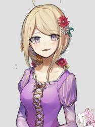 Rule 34 | 1girl, ahoge, akamatsu kaede, alternate costume, bad id, bad pixiv id, bear, black bra, blonde hair, blush stickers, bra, chibi, chibi inset, collarbone, cosplay, cross-laced clothes, cross-laced dress, daisy, danganronpa (series), danganronpa v3: killing harmony, dress, eyelashes, flower, flying sweatdrops, frilled dress, frills, grey background, grin, hair flower, hair ornament, hands on lap, hands on own chin, huyuharu0214, juliet sleeves, leaf hat ornament, light blush, long hair, long sleeves, low-braided long hair, low-tied long hair, monophanie, open mouth, pacifier, pink flower, puffy sleeves, purple dress, purple eyes, rapunzel (disney), rapunzel (disney) (cosplay), red flower, ribbon, smile, sparkle, square neckline, tangled, teeth, underwear, upper body, white flower, yellow flower, yellow ribbon
