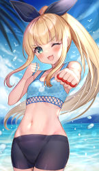 Rule 34 | 1girl, ;d, akabane (zebrasmise), aqua eyes, beach, bike shorts, bird, black hairband, blonde hair, blue shirt, blue sky, blush, breasts, clenched hands, cloud, commentary request, crop top, day, hairband, long hair, looking at viewer, midriff, mononobe alice, navel, nijisanji, ocean, one eye closed, open mouth, ponytail, shirt, sky, small breasts, smile, solo, virtual youtuber, wet