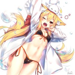 Rule 34 | 1girl, animal, animal ears, animal on head, arm up, blonde hair, blush, bra, breasts, groin, hand up, highres, long hair, long sleeves, looking at viewer, navel, on head, one eye closed, open clothes, open mouth, open shirt, original, red eyes, rozea (graphmelt), shirt, sidelocks, small breasts, solo, stomach, tail, tears, thighs, underwear, very long hair, white shirt, yawning