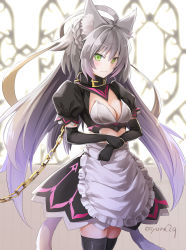 Rule 34 | 1girl, animal ears, apron, atalanta (fate), atalanta alter (fate), black collar, black dress, black gloves, blurry, blurry background, blush, braid, breasts, cat ears, cat girl, cat tail, chain, cleavage, closed mouth, collar, commentary request, depth of field, dress, elbow gloves, fate/grand order, fate (series), frilled apron, frills, gloves, green eyes, hair between eyes, holding own wrist, long hair, looking at viewer, medium breasts, multicolored hair, multiple tails, puffy short sleeves, puffy sleeves, short sleeves, silver hair, solo, tail, tears, twitter username, two-tone hair, two tails, tyone, very long hair, waist apron, white apron