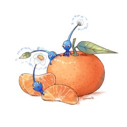 Rule 34 | artist name, black eyes, blue pikmin, blue skin, bud, climbing, colored skin, commentary, english commentary, flower, flying sweatdrops, food, fruit, glowing, highres, juan (apamaate), leaf, nintendo, no humans, orange (fruit), orange slice, oversized object, pikmin (creature), pikmin (series), pulling, shadow, sitting, triangle mouth, white background, white flower
