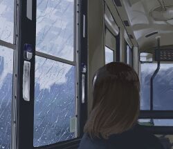 1girl absurdres blue_sky brown_hair bus cloud cloudy_sky commentary day english_commentary from_behind highres indoors meanstreet mirror motor_vehicle original rain scenery sky vehicle_interior water_drop window