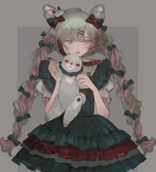 Rule 34 | 1girl, black bow, bow, braid, cropped legs, detached collar, double bun, dress, ear piercing, frilled dress, frills, gothic lolita, green bow, grey background, grey eyes, grey hair, grey nails, hair bun, hair ornament, hairclip, lolita fashion, looking to the side, multicolored clothes, multicolored dress, multicolored hair, nekosuke (oxo), original, piercing, pink hair, stuffed goat, twin braids