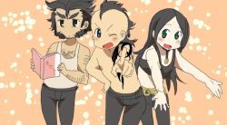 Rule 34 | 1girl, 2boys, black eyes, black hair, blue eyes, book, brother and sister, daken, family, father and daughter, father and son, green eyes, marvel, multiple boys, parody, siblings, simple background, wolverine (x-men), x-23, x-men