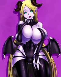 Rule 34 | 1girl, aqua eyes, black thighhighs, blonde hair, breasts, cleavage, colored skin, demon girl, elbow gloves, fat mons, finger in own mouth, gloves, gradient background, green eyes, horns, huge breasts, kemurin, long hair, looking at viewer, low wings, naughty face, pointy ears, purple background, purple skin, skindentation, solo, thighhighs, very long hair, wings