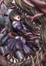 Rule 34 | 1girl, black hair, blush, closed eyes, faith (sbi), fangs, long hair, monster, open mouth, phantasy star, phantasy star online, phantasy star online 2, rape, restrained, saliva, skirt, tears, tentacle sex, tentacles, tongue, tongue out, vore