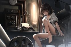 Rule 34 | 1girl, bare legs, barefoot, bird wings, black hair, black skirt, black wings, camera, chair, commentary request, feathered wings, feet, indoors, lamp, light smile, miniskirt, red eyes, ryosios, shameimaru aya, shirt, short hair, sitting, skirt, solo, steampunk, toes, touhou, typewriter, watch, white shirt, wings
