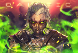 Rule 34 | 1boy, apex legends, can, caustic (apex legends), character name, colored sclera, copyright name, gas can, gas mask, green eyes, green sclera, hair behind ear, hair slicked back, highres, holding, holding can, looking at viewer, male focus, mask, mizutama (mao11260510), mouth mask, solo, third emperor caustic, upper body, white hair