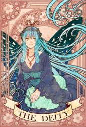Rule 34 | 1girl, aged up, alternate costume, antennae, aqua hair, art nouveau, breasts, butterfly wings, cleavage, dress, drill hair, drill sidelocks, eternity larva, garland (decoration), green dress, highres, insect wings, jewelry, koma midori, long hair, magatama, magatama necklace, necklace, sidelocks, solo, tarot, tarot (medium), touhou, wings, yellow eyes